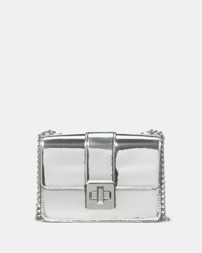 KateSpade Phoebe Mirror Metallic Turnlock Mini Flap Crossbody Silver