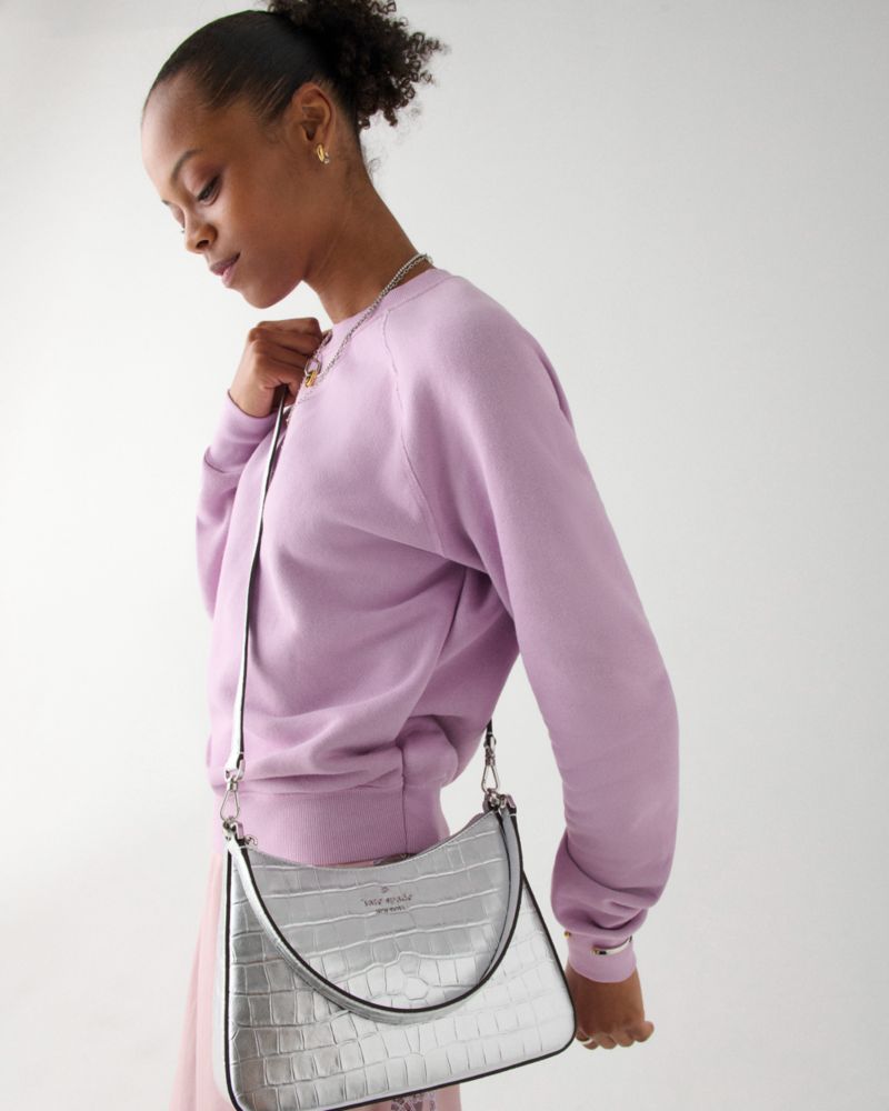 KateSpade Margot Metallic Croc Embossed Convertible Shoulder Bag Silver