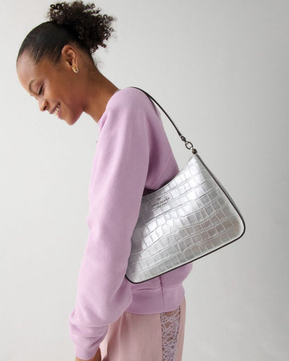 KateSpade Margot Metallic Croc Embossed Convertible Shoulder Bag Silver