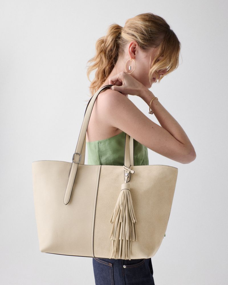 KateSpade 454 Suede Fringe Tote Bag Light Sand