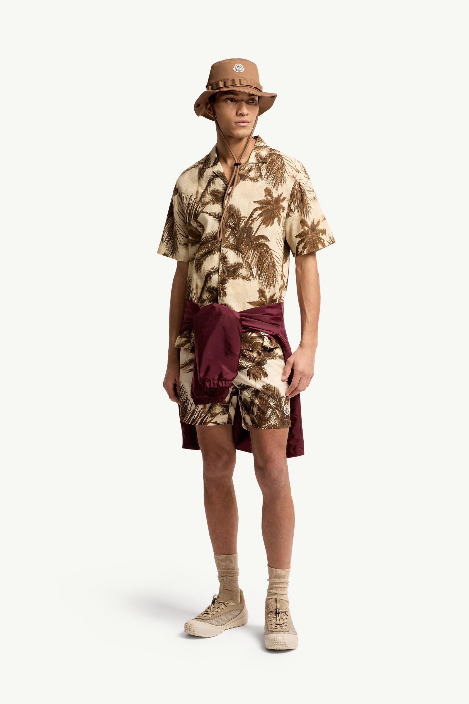 Moncler Cotton & Linen Blend Short Sleeve Shirt Beige & Green Beige & Green