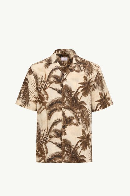Moncler Cotton & Linen Blend Short Sleeve Shirt Beige & Green Beige & Green