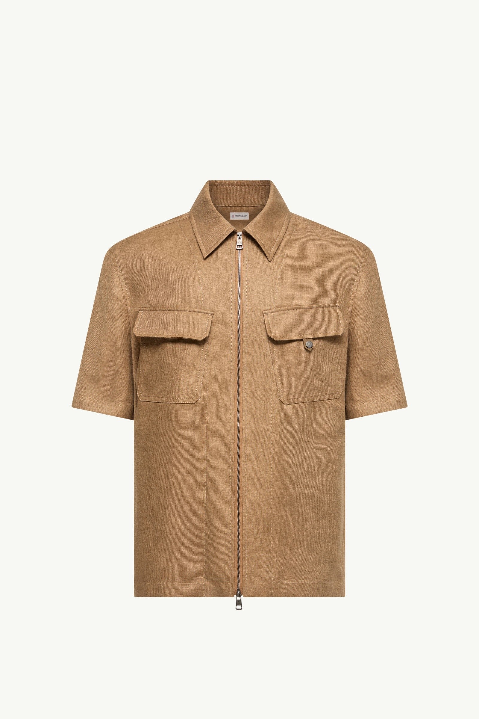 Moncler Linen Twill Short Sleeve Zip-Up Shirt Light Brown Light Brown