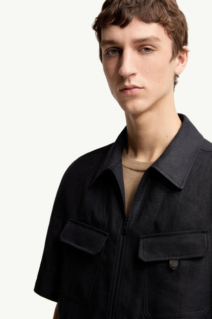 Moncler Linen Twill Short Sleeve Zip-Up Shirt Dark Blue Dark Blue