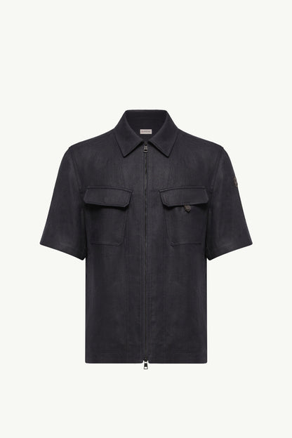 Moncler Linen Twill Short Sleeve Zip-Up Shirt Dark Blue Dark Blue