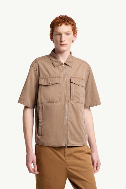 Moncler Short Sleeve Cotton Zip-Up Shirt Brown Brown