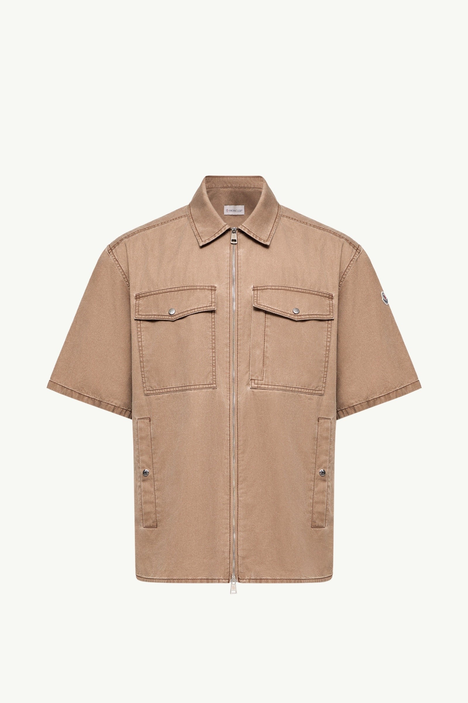 Moncler Short Sleeve Cotton Zip-Up Shirt Brown Brown