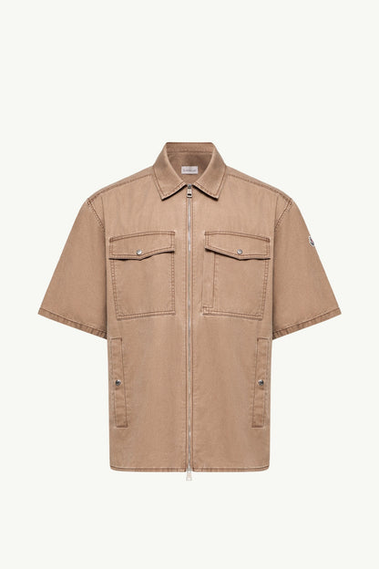 Moncler Short Sleeve Cotton Zip-Up Shirt Brown Brown