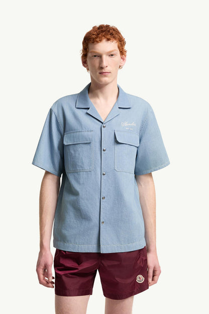 Moncler Embroidered Logo Denim Shirt Pastel Blue Pastel Blue