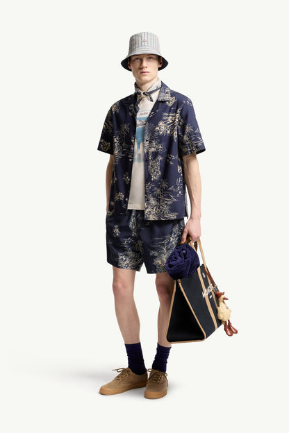 Moncler Floral Print Short Sleeve Cotton Shirt Navy Blue Navy Blue