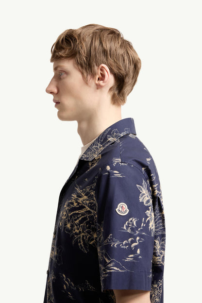 Moncler Floral Print Short Sleeve Cotton Shirt Navy Blue Navy Blue