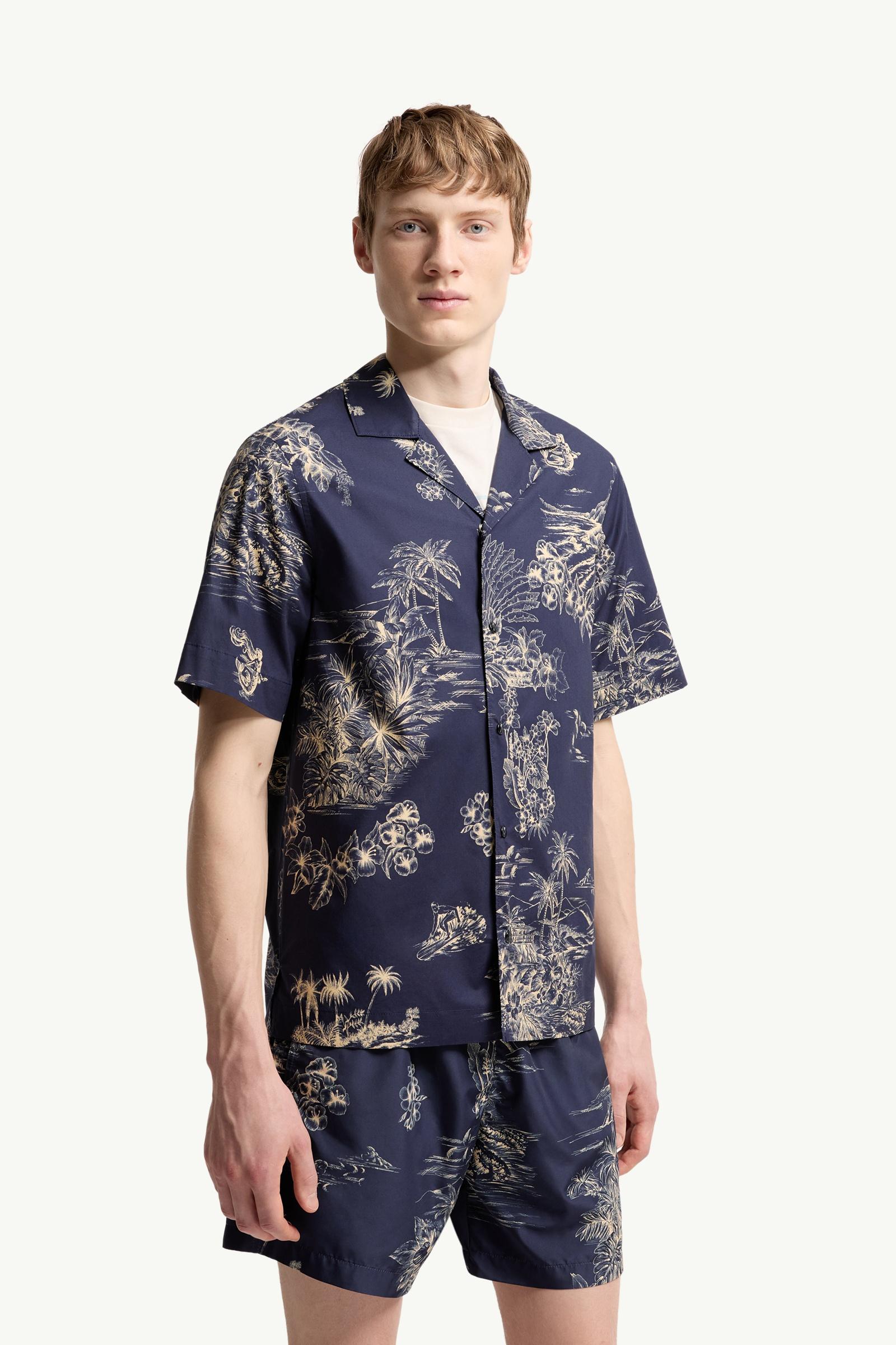 Moncler Floral Print Short Sleeve Cotton Shirt Navy Blue Navy Blue