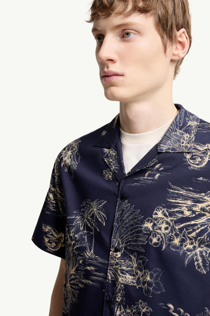 Moncler Floral Print Short Sleeve Cotton Shirt Navy Blue Navy Blue