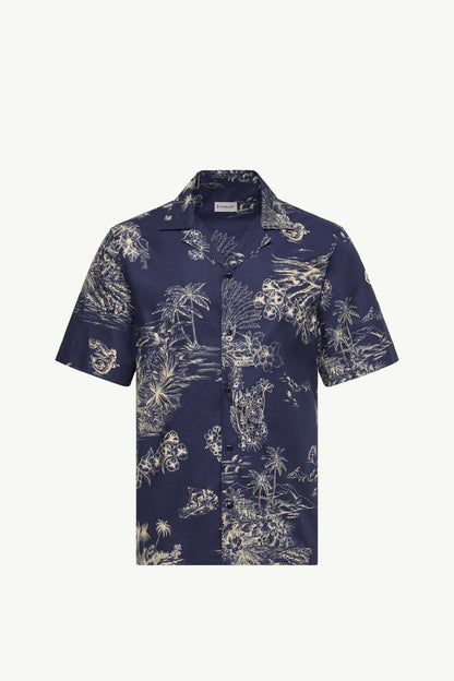 Moncler Floral Print Short Sleeve Cotton Shirt Navy Blue Navy Blue