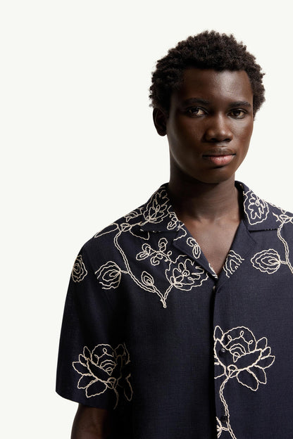 Moncler Embroidered Linen Blend Shirt Blue Blue