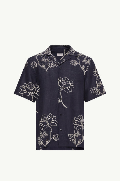 Moncler Embroidered Linen Blend Shirt Blue Blue