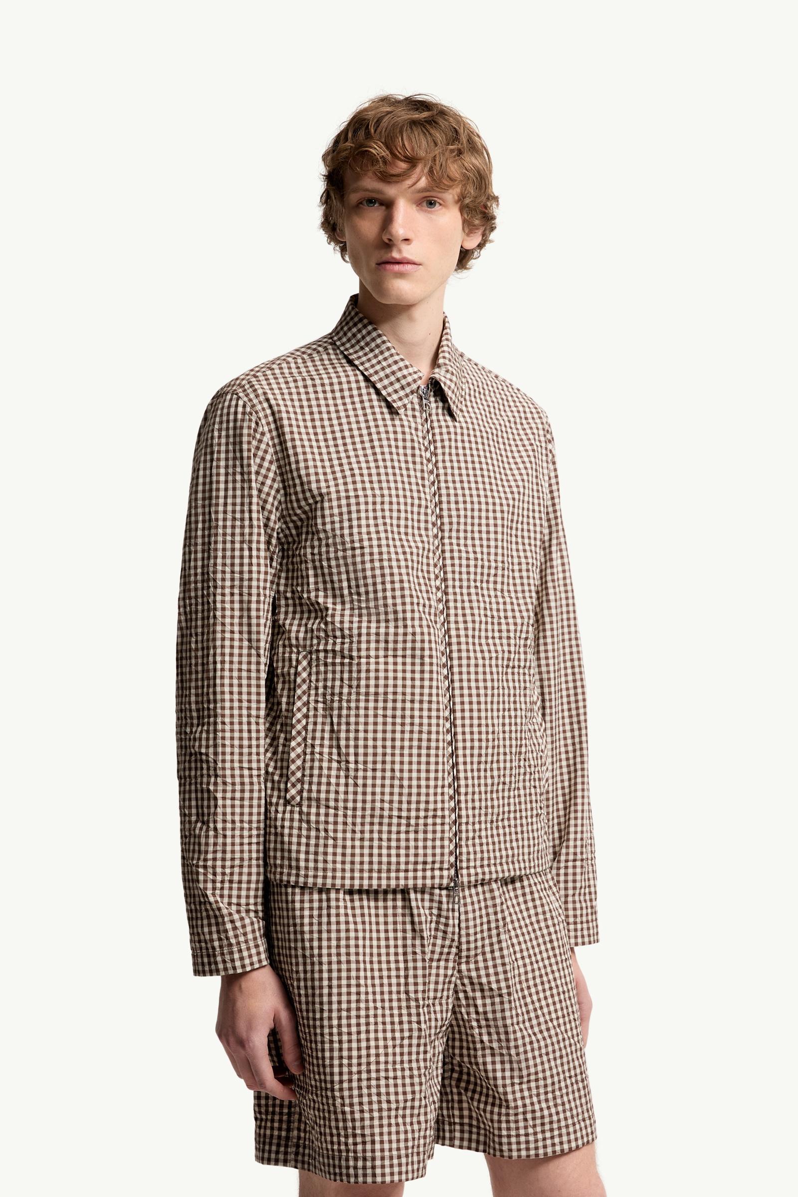 Moncler Vichy Cotton Blend Zip-Up Shirt Jacket White & Brown White & Brown