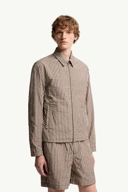 Moncler Vichy Cotton Blend Zip-Up Shirt Jacket White & Brown White & Brown