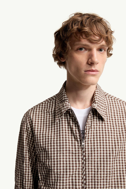 Moncler Vichy Cotton Blend Zip-Up Shirt Jacket White & Brown White & Brown