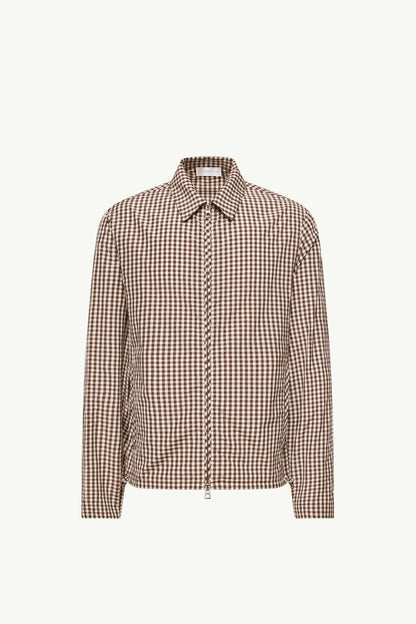 Moncler Vichy Cotton Blend Zip-Up Shirt Jacket White & Brown White & Brown