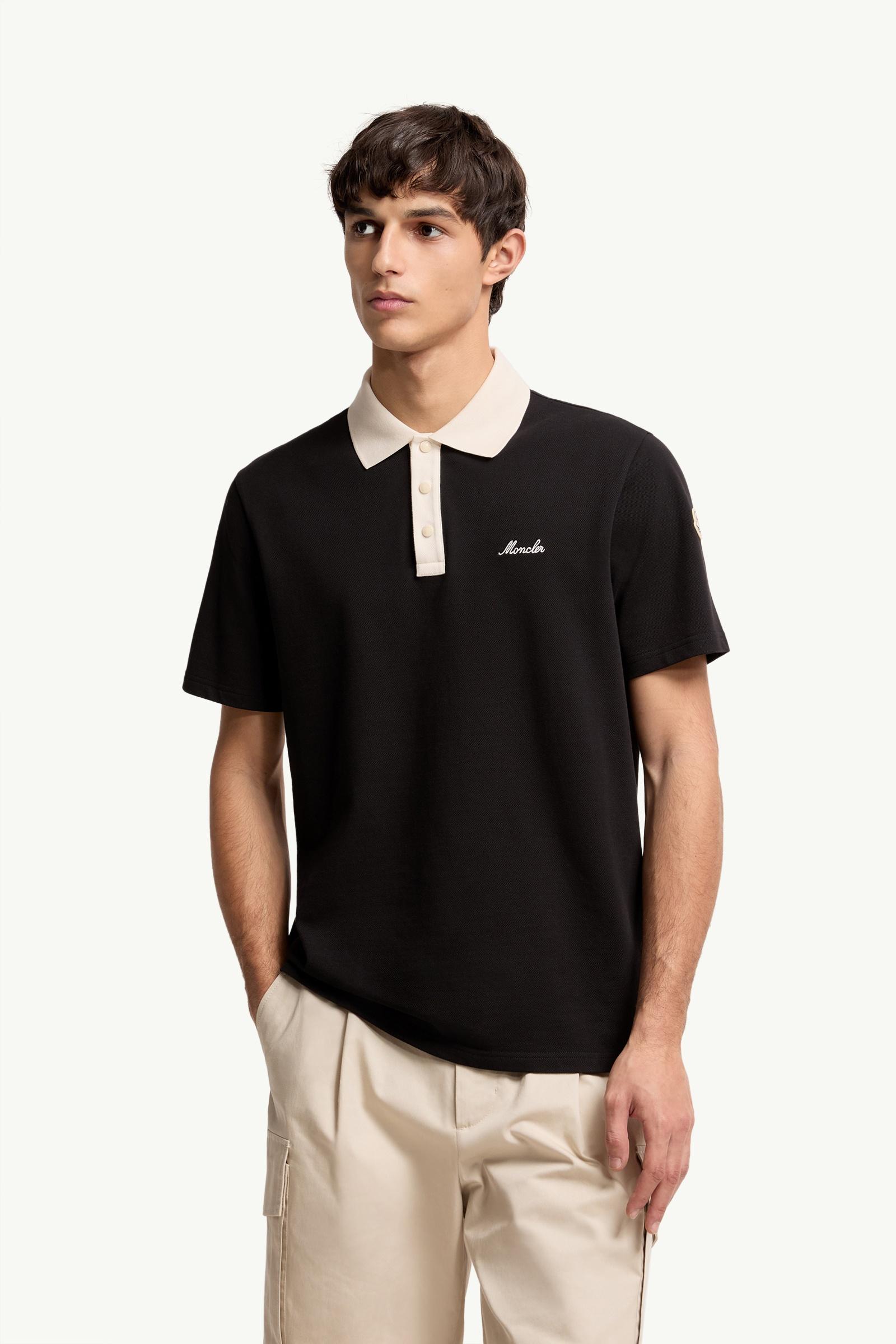 Moncler Embroidered Logo Cotton Piquet Polo Shirt Black Black