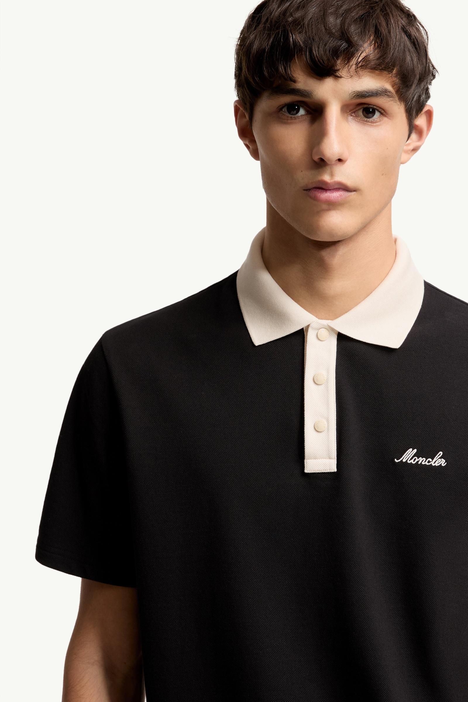 Moncler Embroidered Logo Cotton Piquet Polo Shirt Black Black