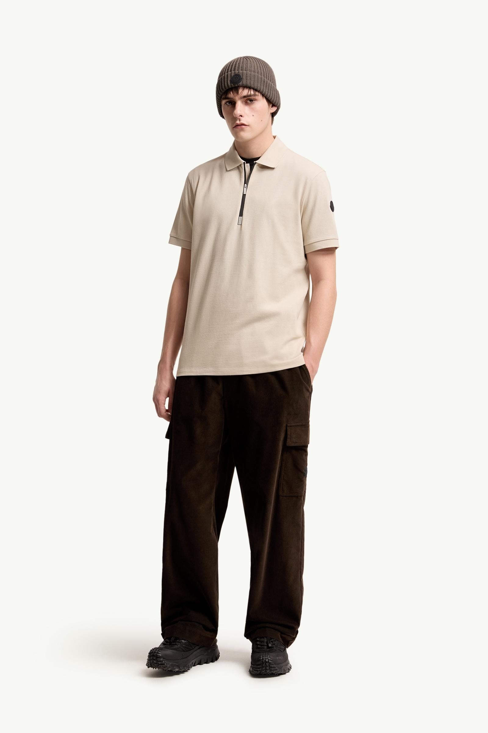 Moncler Logo Cotton Piquet Half-Zip Polo Shirt Light Beige Light Beige