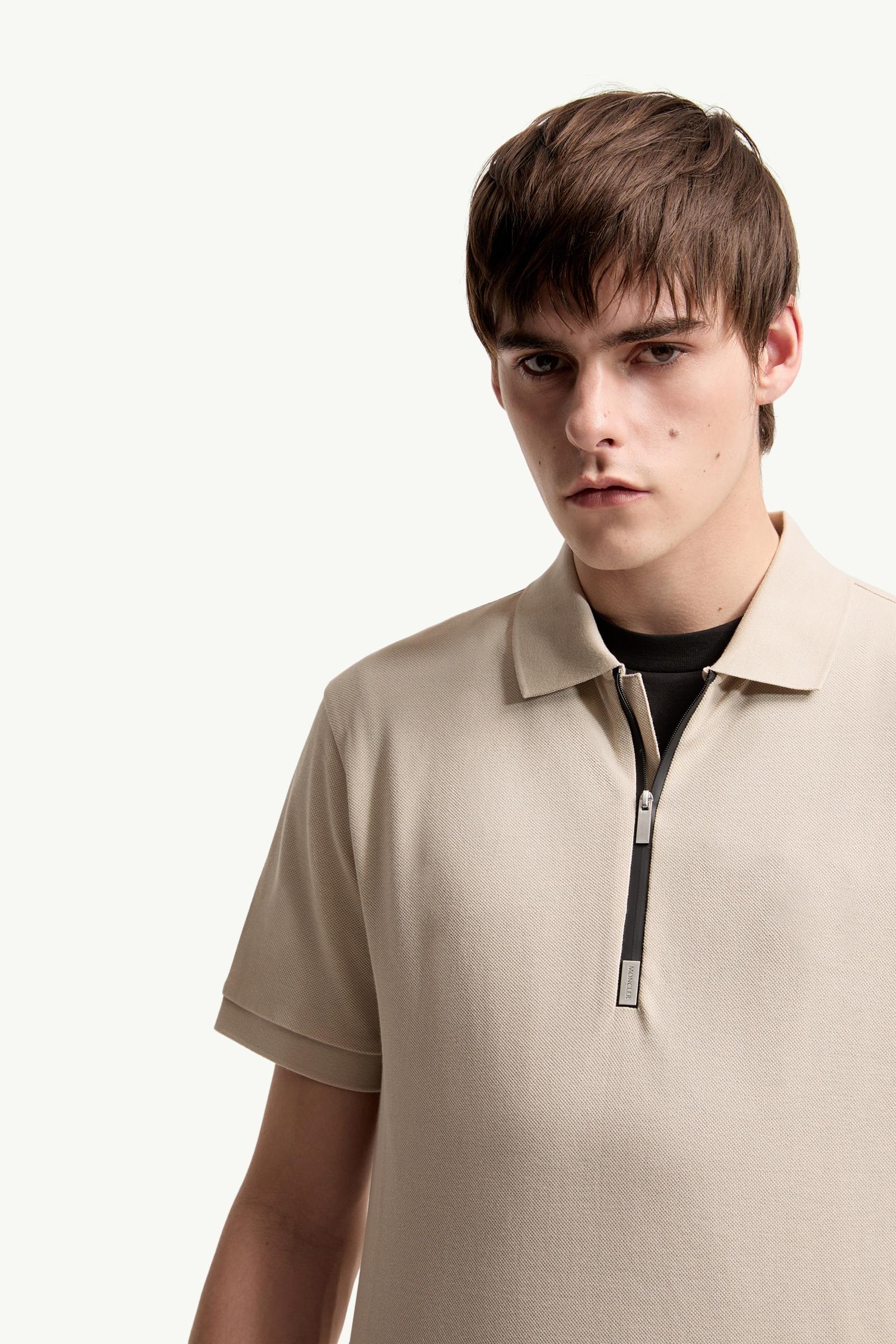 Moncler Logo Cotton Piquet Half-Zip Polo Shirt Light Beige Light Beige