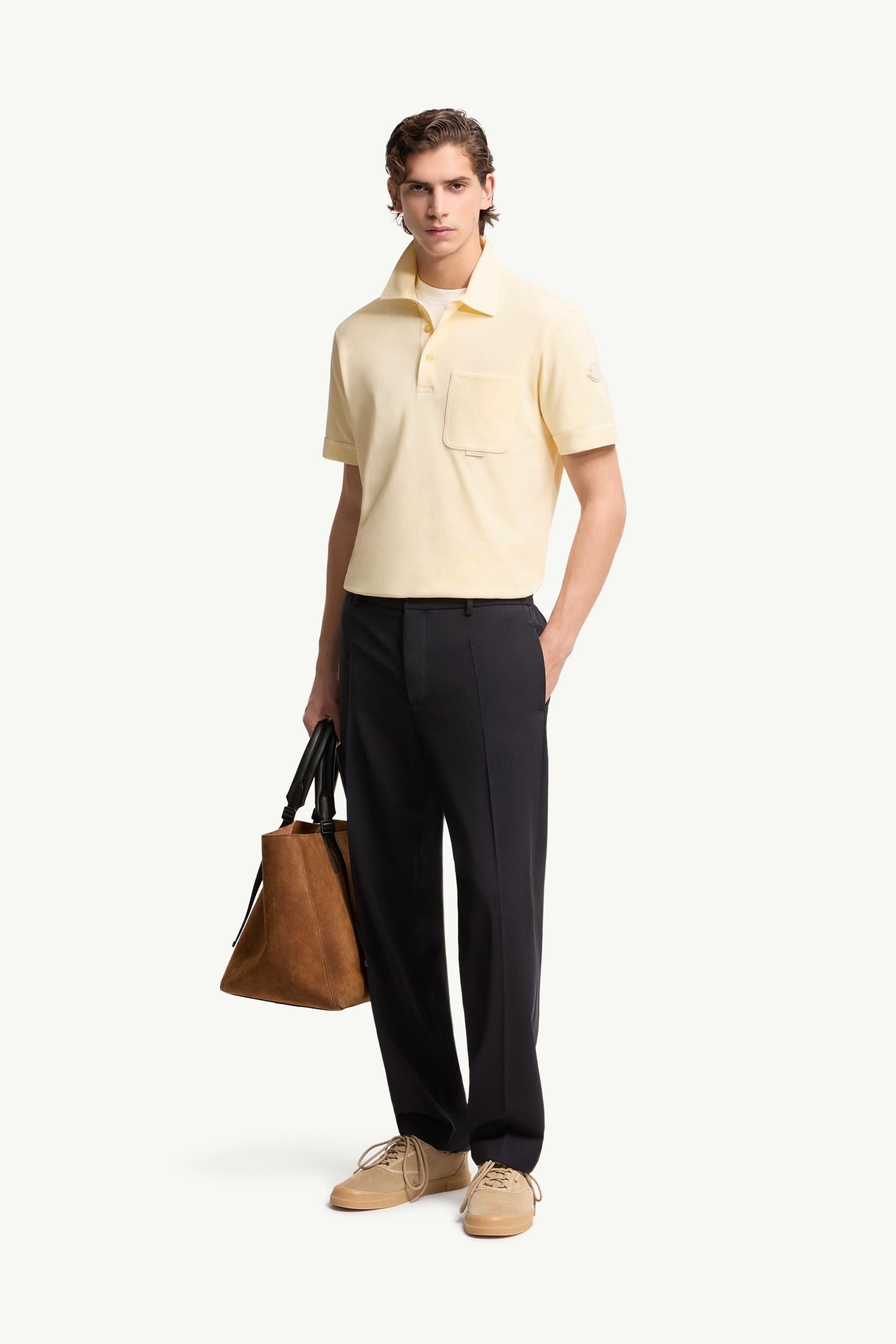Moncler Leather Logo Cotton Piquet Polo Shirt Ochre Yellow Ochre Yellow
