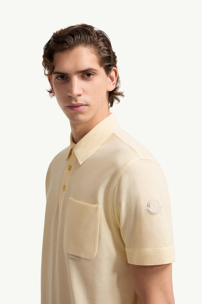 Moncler Leather Logo Cotton Piquet Polo Shirt Ochre Yellow Ochre Yellow