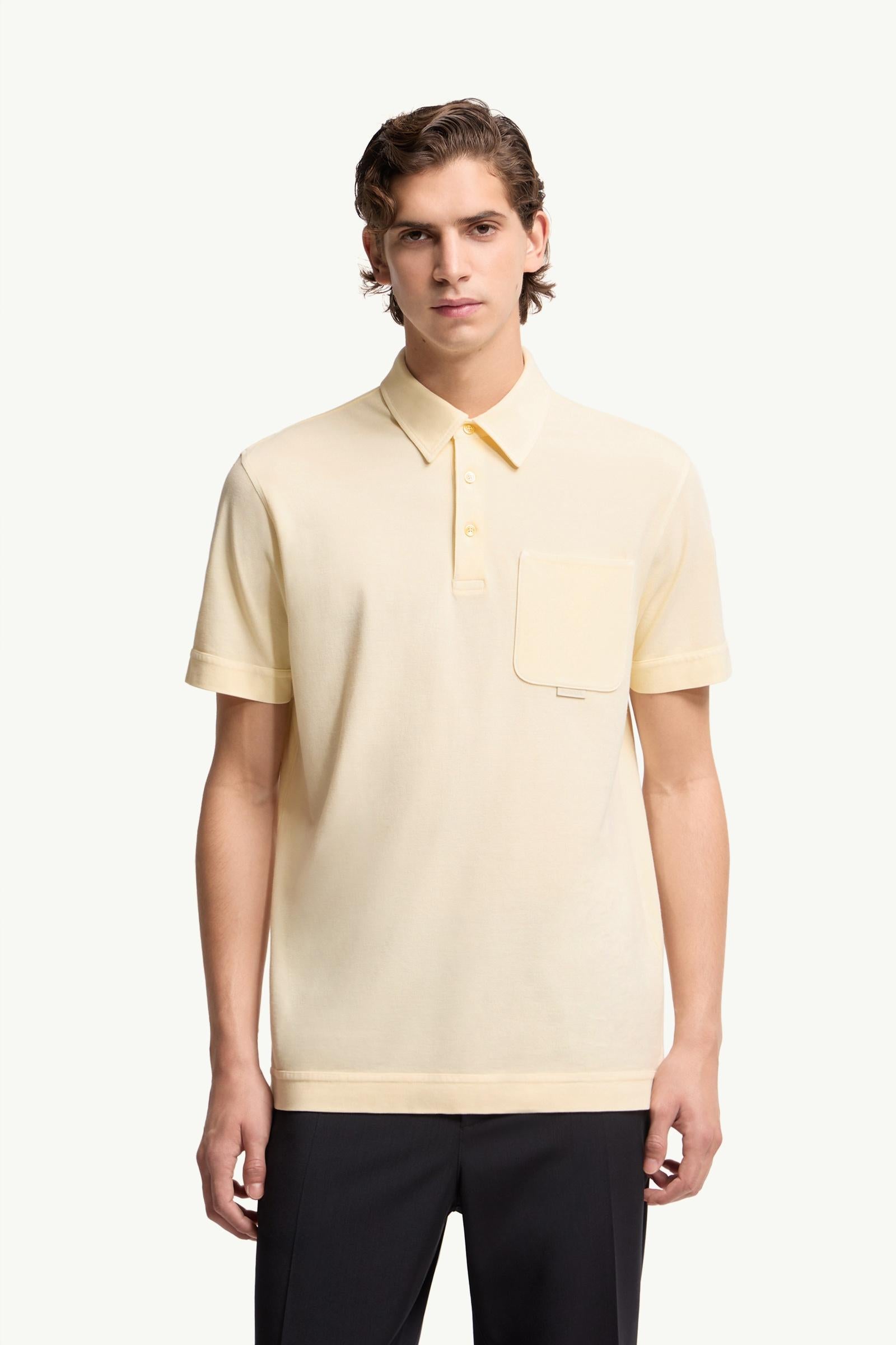 Moncler Leather Logo Cotton Piquet Polo Shirt Ochre Yellow Ochre Yellow