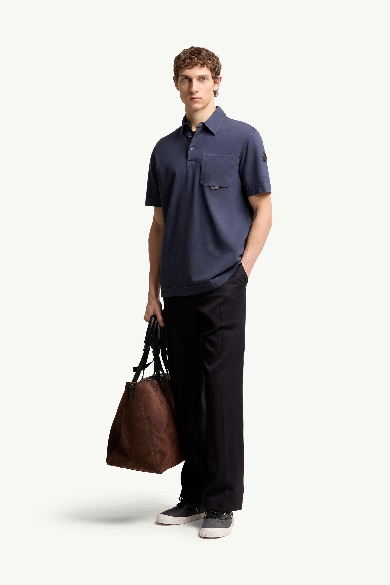 Moncler Leather Logo Cotton Piquet Polo Shirt Royal Blue Royal Blue