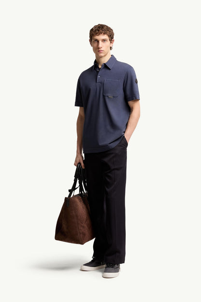 Moncler Leather Logo Cotton Piquet Polo Shirt Royal Blue Royal Blue