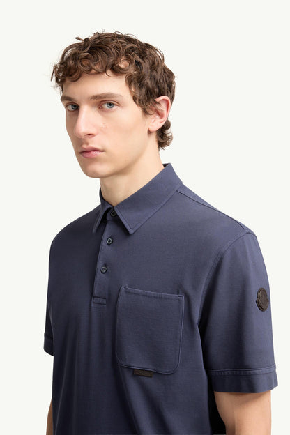 Moncler Leather Logo Cotton Piquet Polo Shirt Royal Blue Royal Blue