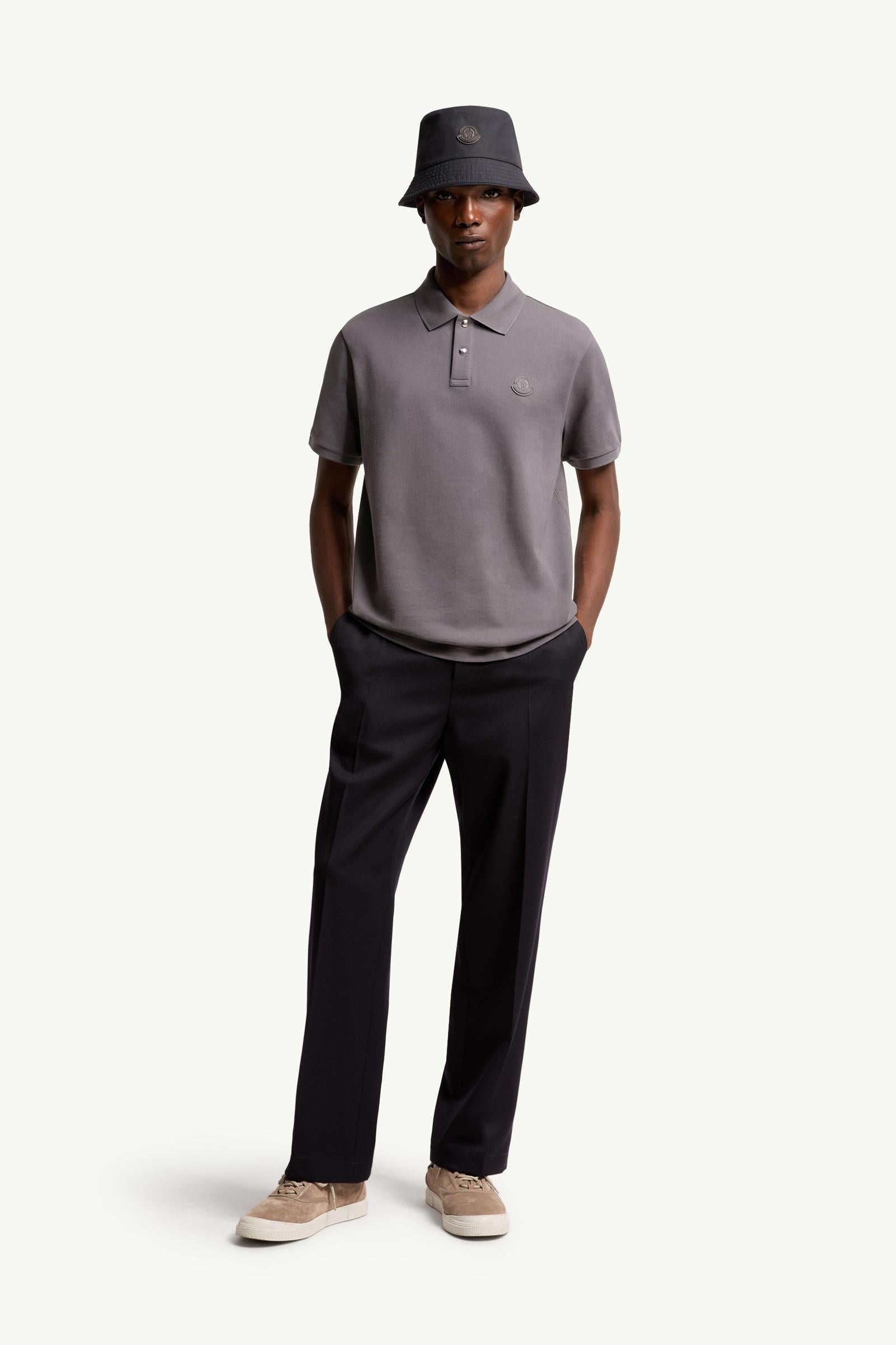 Moncler Logo Patch Cotton Piquet Polo Shirt Grey Grey