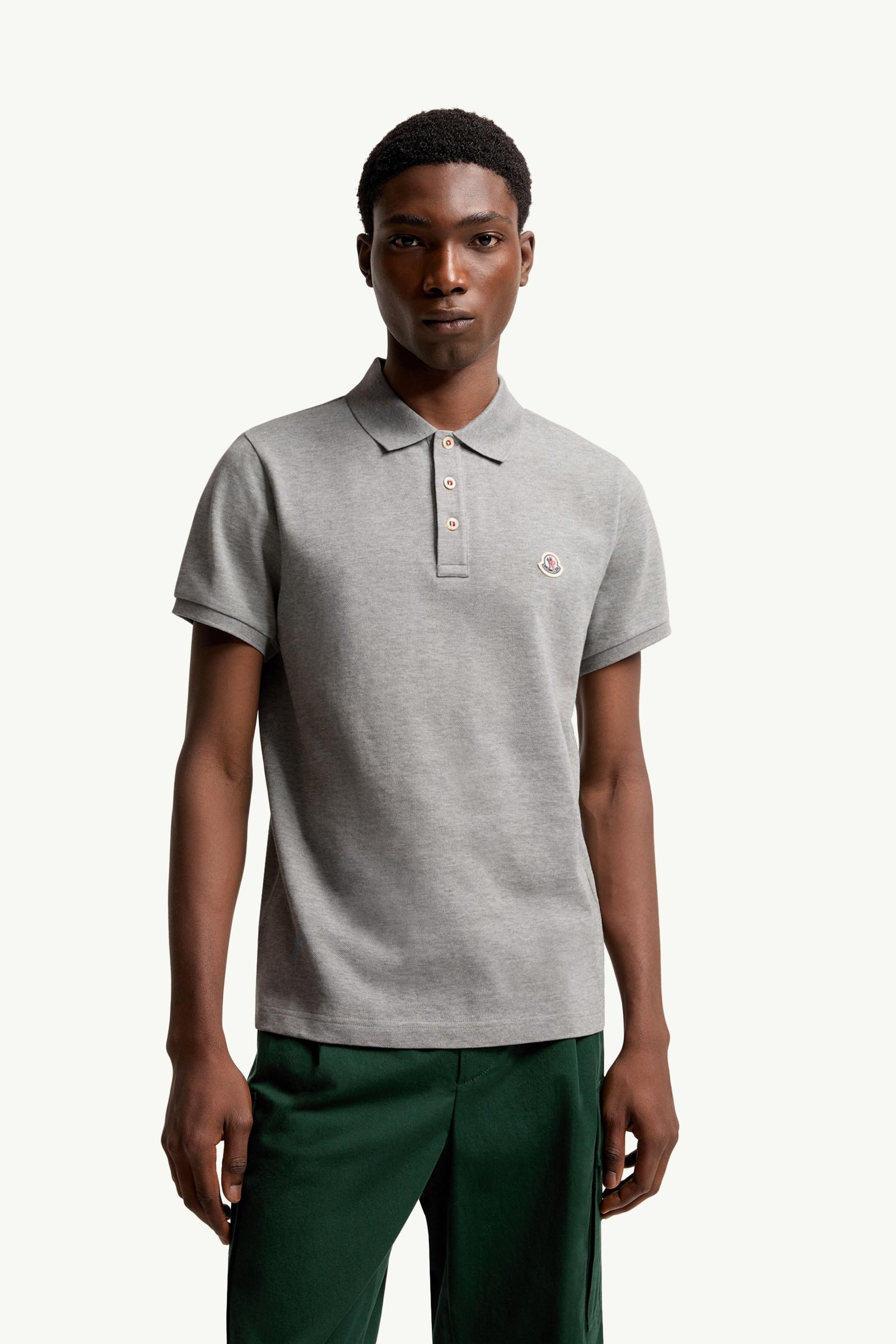 Moncler Logo Patch Cotton Polo Shirt Grey Grey