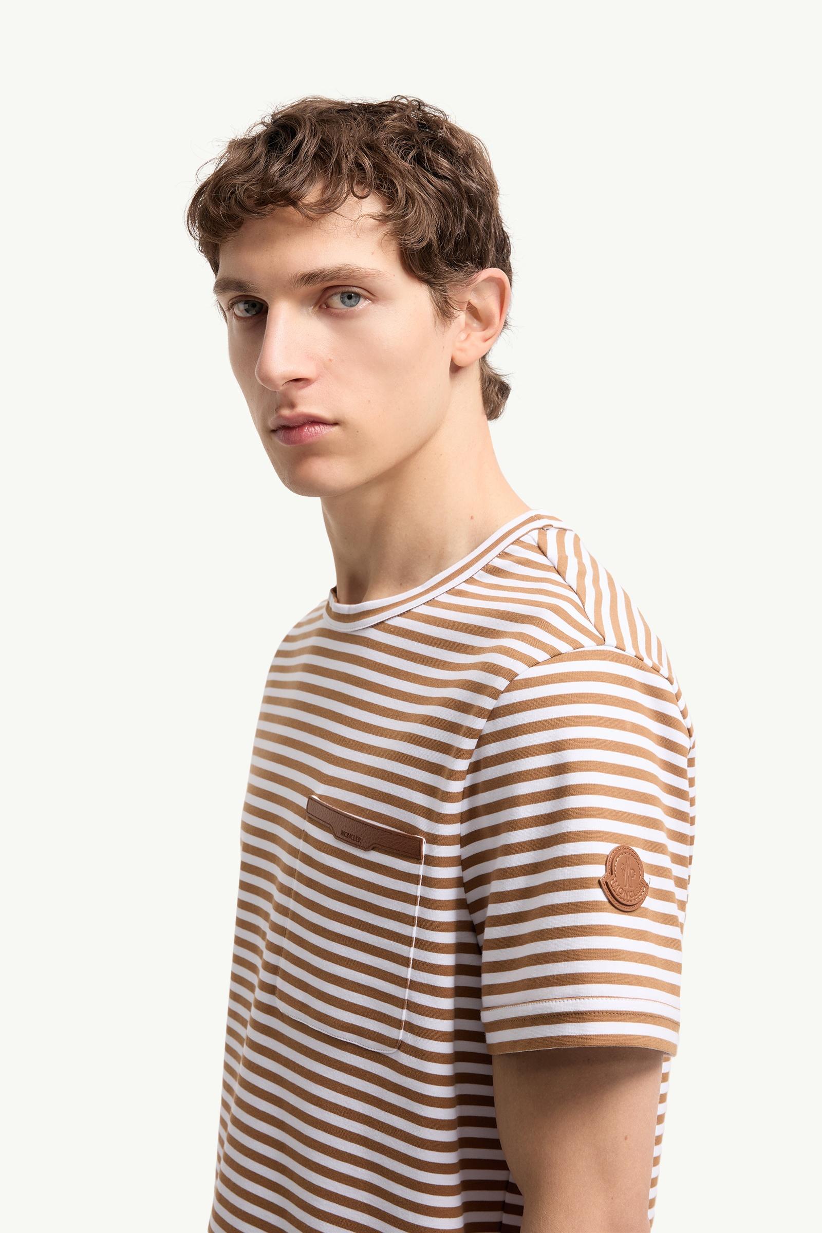 Moncler Striped Cotton T-Shirt Beige & White Beige & White