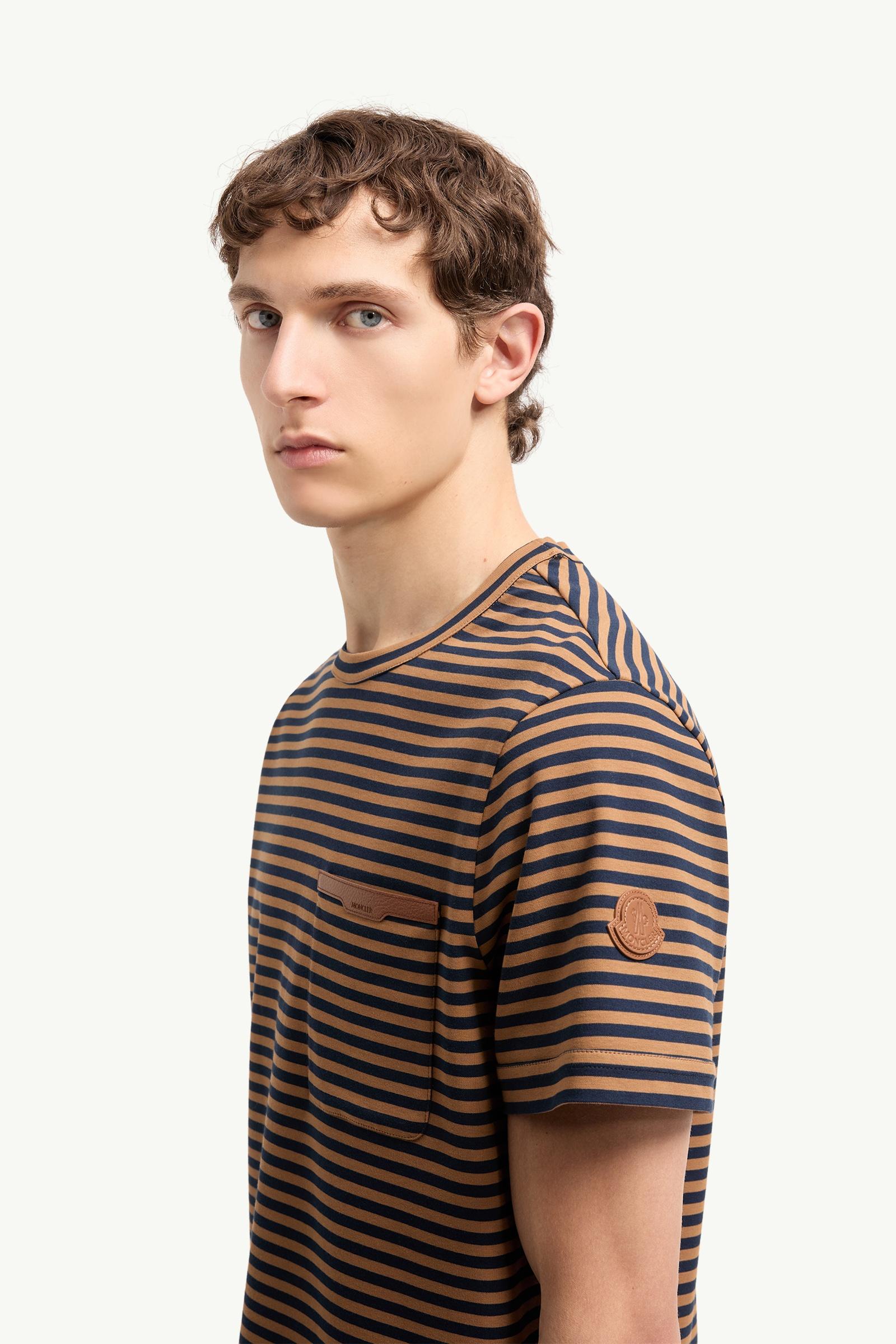 Moncler Striped Cotton T-Shirt Beige & Navy Blue Beige & Navy Blue