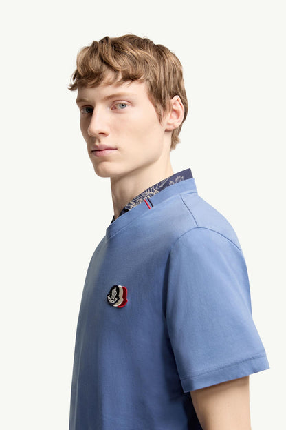 Moncler Embroidered Tricolor Logo Cotton T-Shirt Light Blue Light Blue