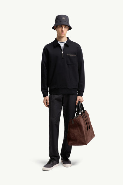 Moncler Leather Logo Cotton Blend Half-Zipper Sweatshirt Dark Blue Dark Blue