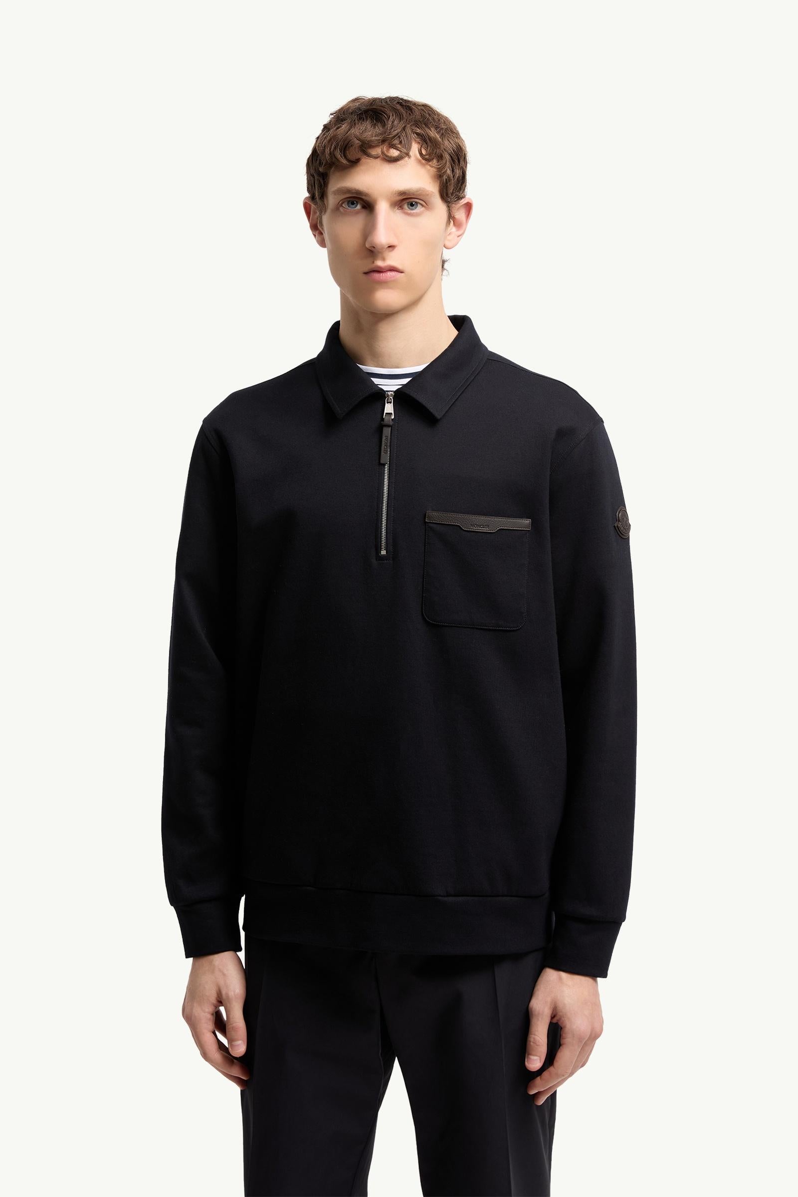 Moncler Leather Logo Cotton Blend Half-Zipper Sweatshirt Dark Blue Dark Blue