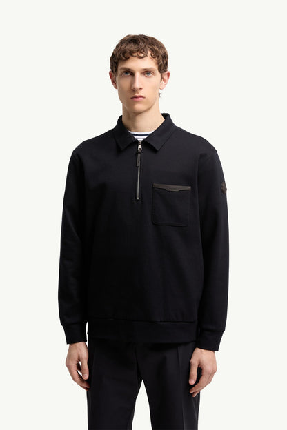 Moncler Leather Logo Cotton Blend Half-Zipper Sweatshirt Dark Blue Dark Blue