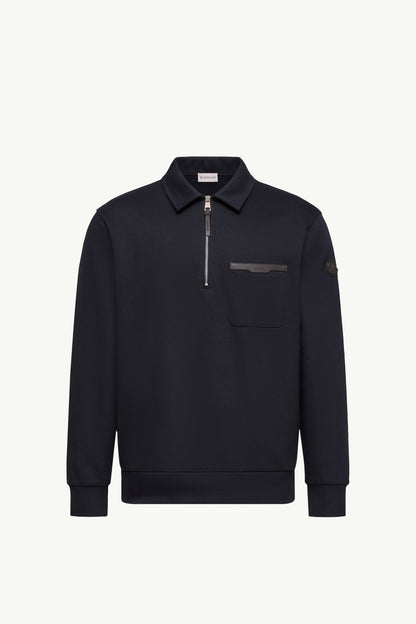 Moncler Leather Logo Cotton Blend Half-Zipper Sweatshirt Dark Blue Dark Blue