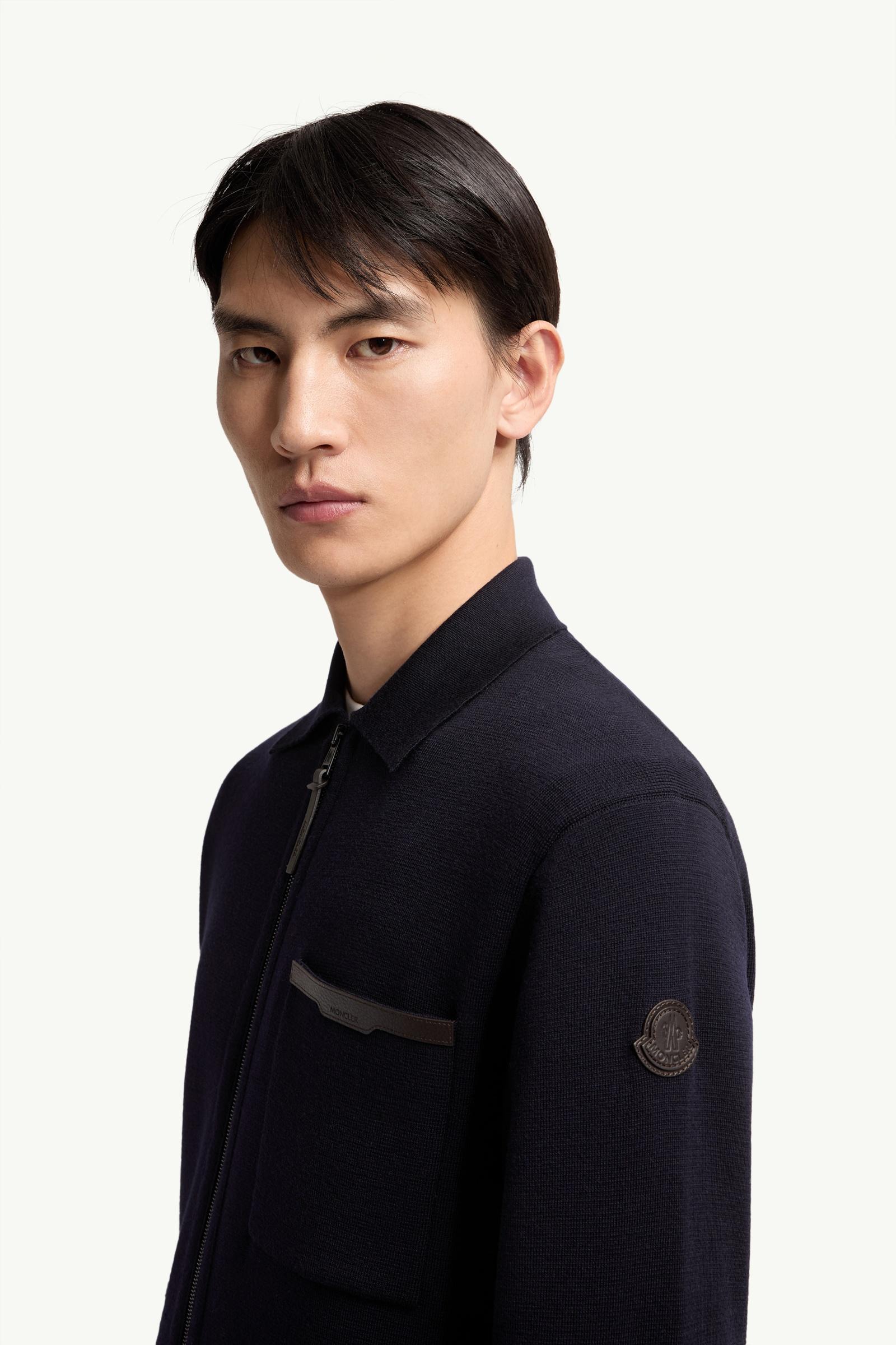 Moncler Leather Logo Wool Zip-Up Cardigan Navy Blue Navy Blue