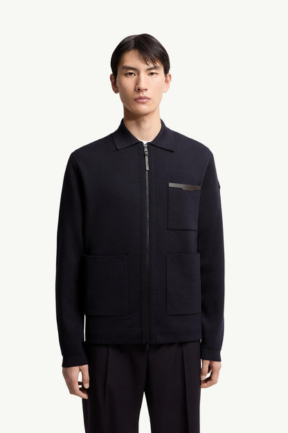 Moncler Leather Logo Wool Zip-Up Cardigan Navy Blue Navy Blue