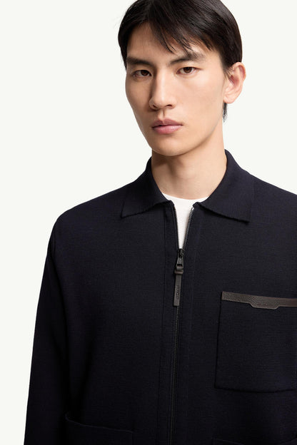 Moncler Leather Logo Wool Zip-Up Cardigan Navy Blue Navy Blue