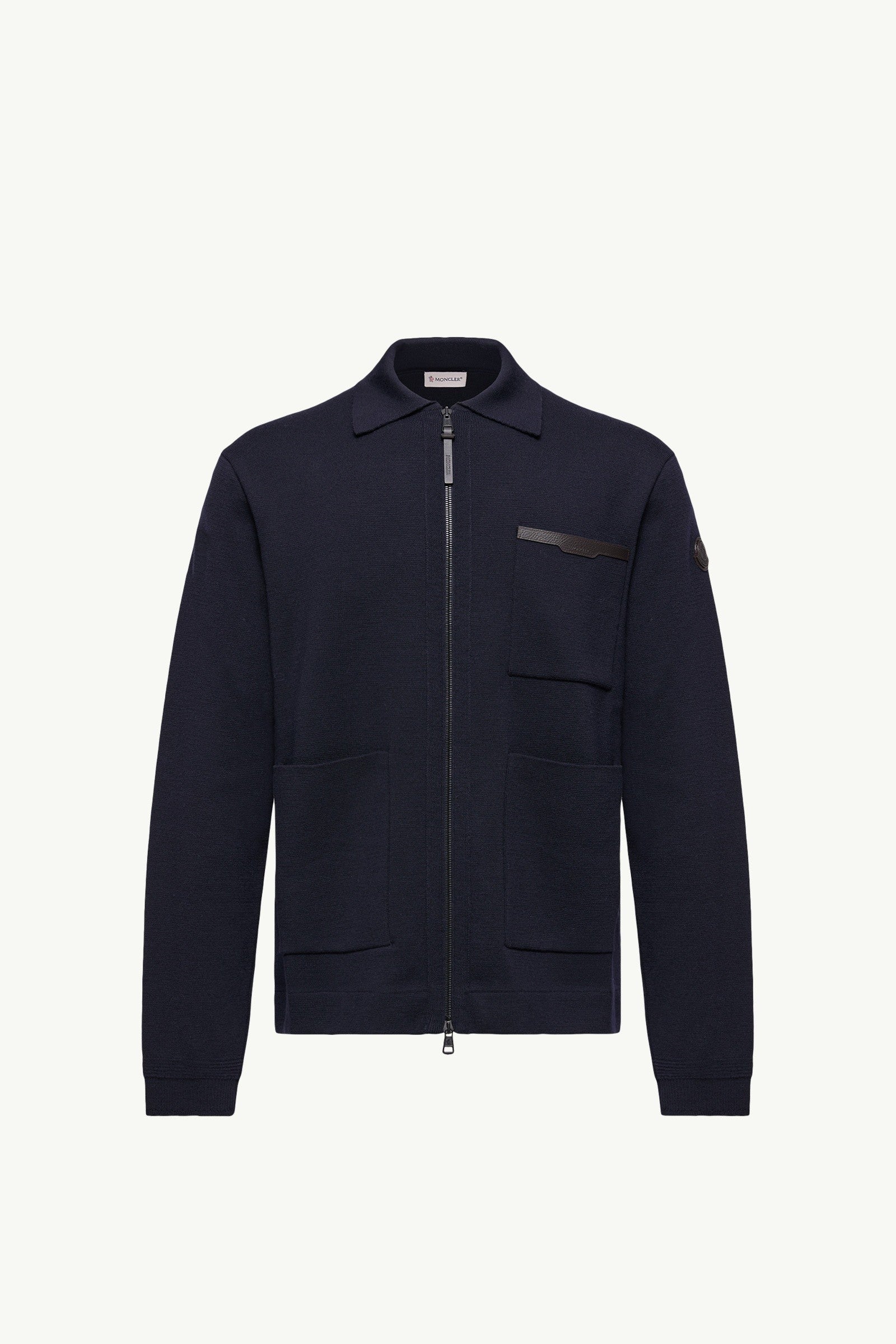 Moncler Leather Logo Wool Zip-Up Cardigan Navy Blue Navy Blue