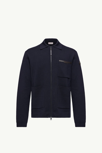 Moncler Leather Logo Wool Zip-Up Cardigan Navy Blue Navy Blue