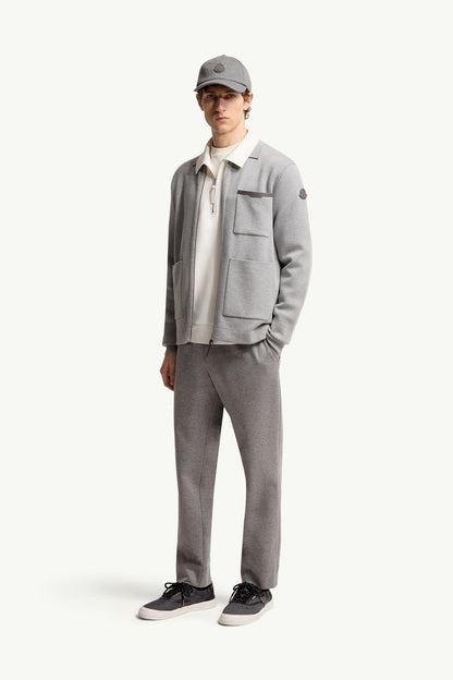 Moncler Leather Logo Wool Zip-Up Cardigan Grey Grey