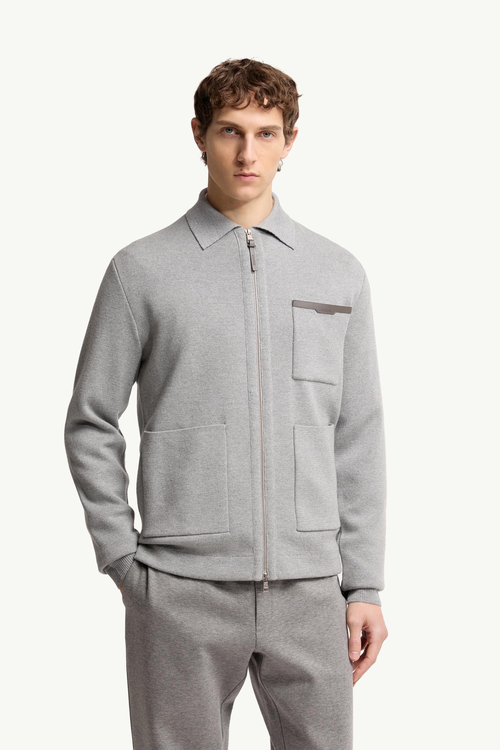 Moncler Leather Logo Wool Zip-Up Cardigan Grey Grey